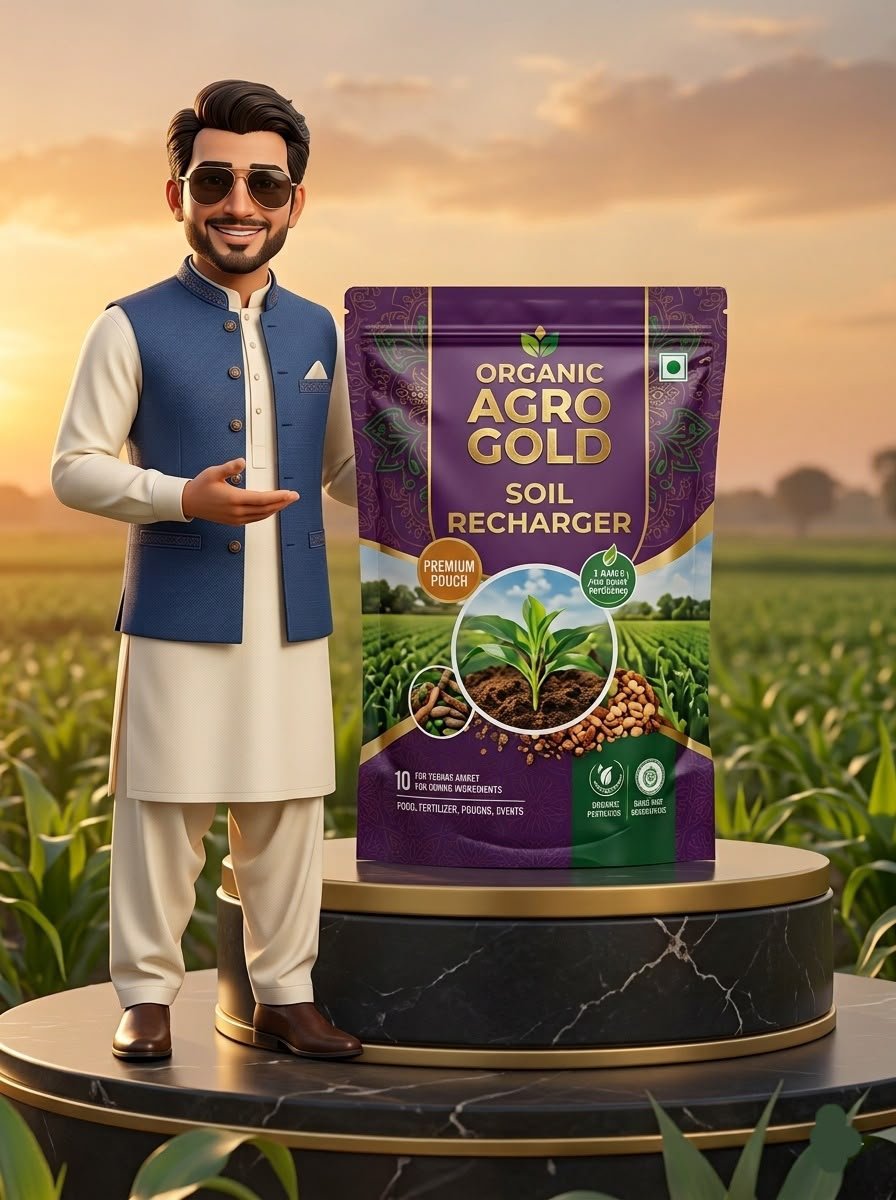 Organic Agro Gold soil recharger displayed in a cultivated field